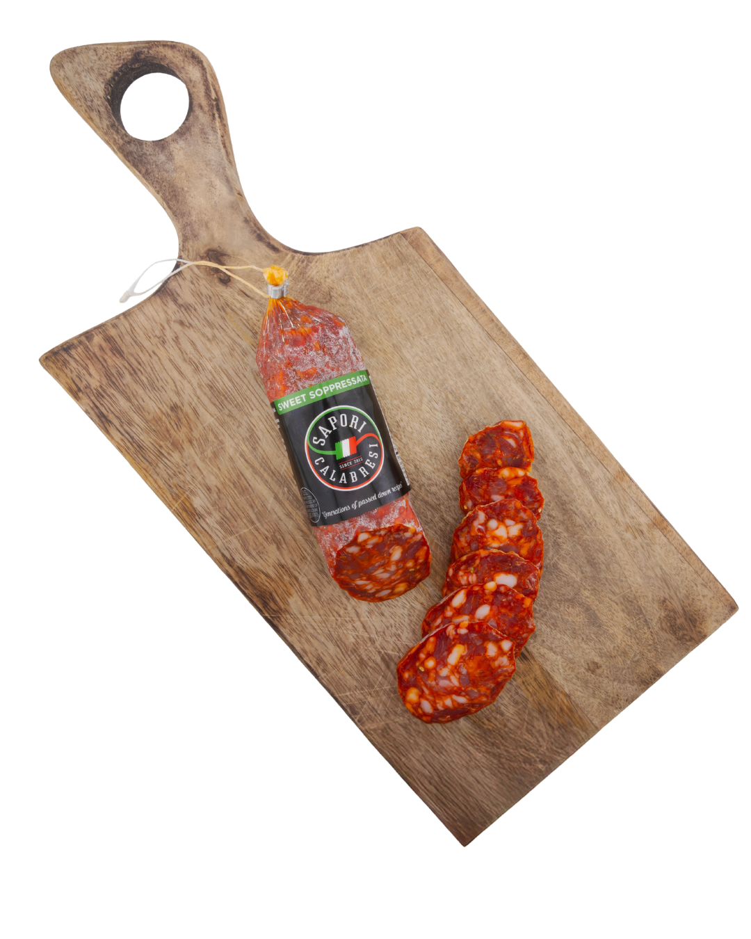 Sliced cured sausage on a wooden cutting board with a partially sliced whole sausage nearby.