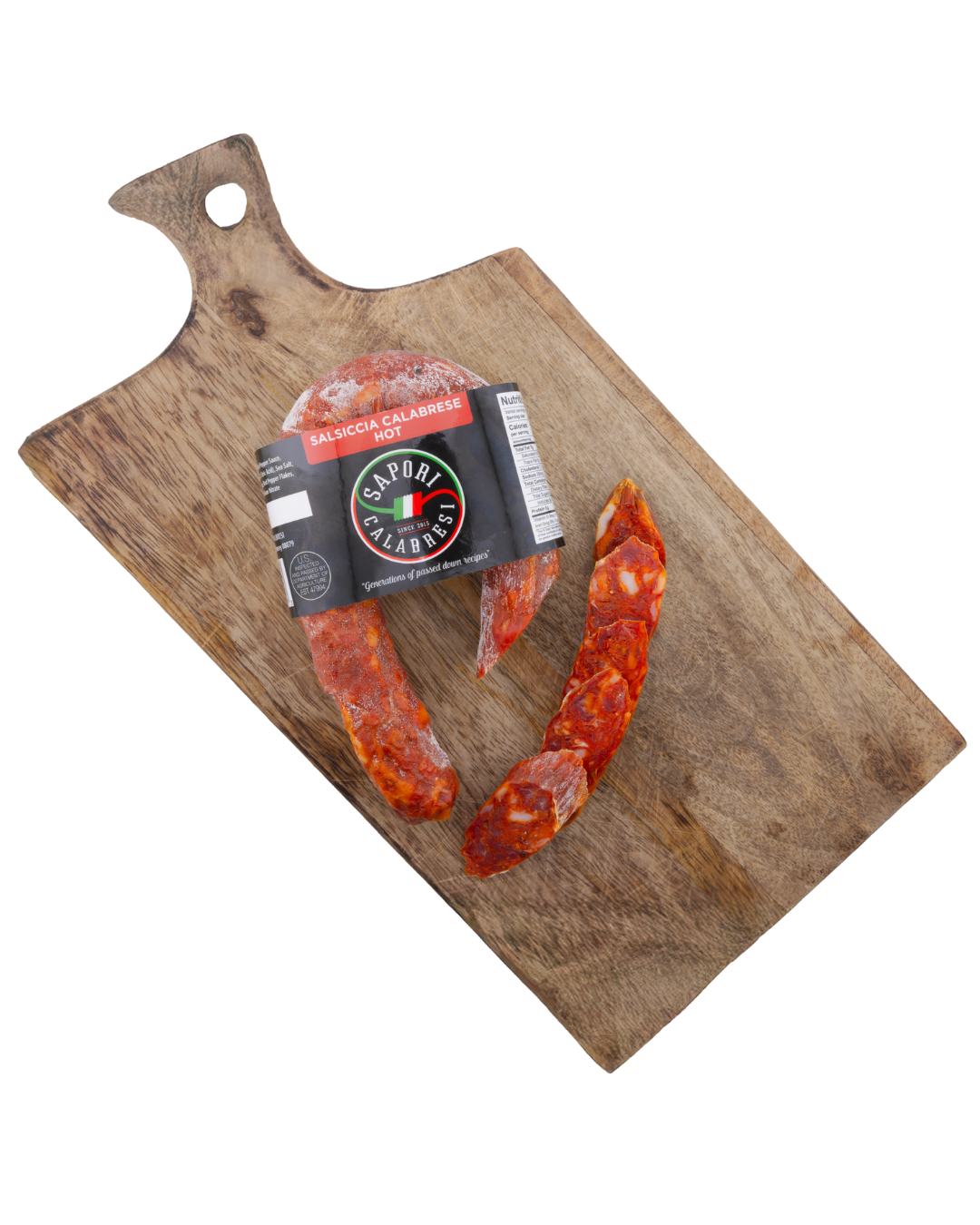 Raw calabrese salami on a wooden cutting board.