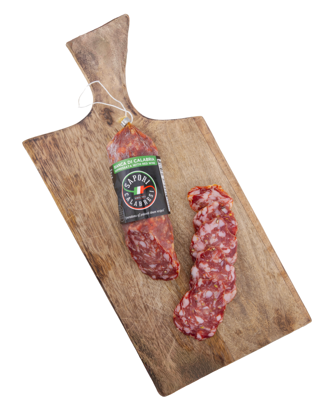 Sliced Italian salami on a wooden serving board, with a whole salami labeled 'Bianca di Calabria' on the side.