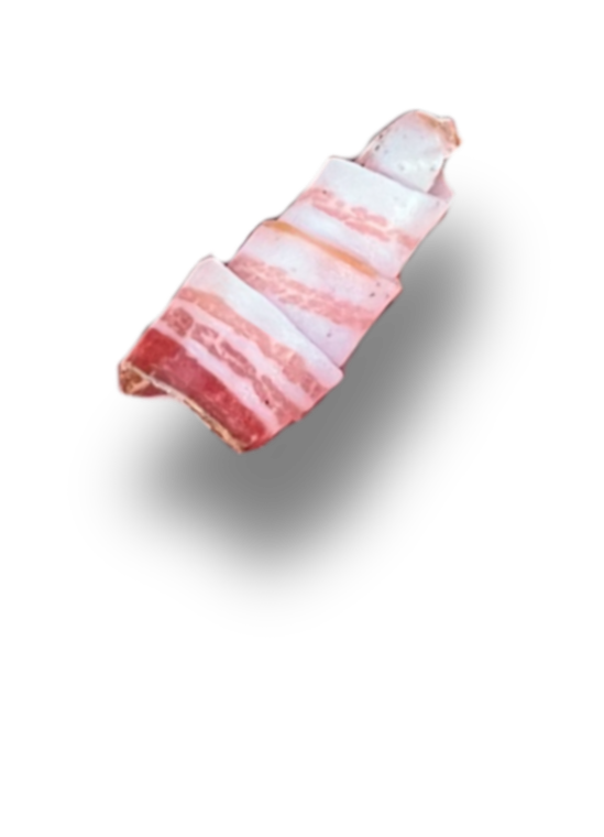 A piece of rolled up pancetta tesa with alternating layers of pink meat and white fat.