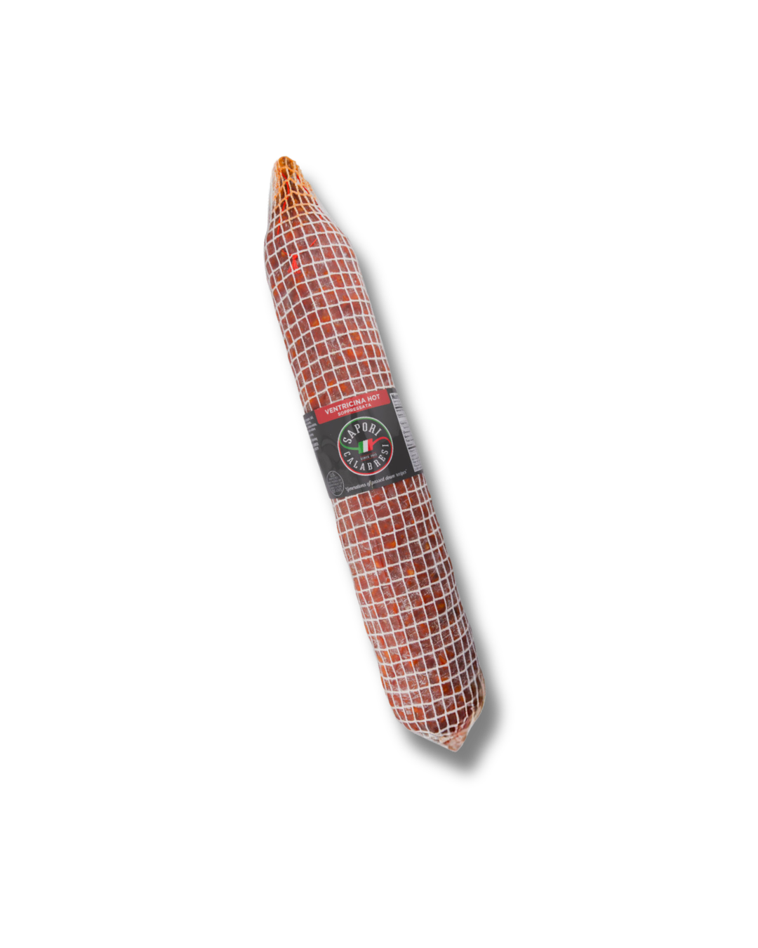 Salami sausage hanging in a net on a black background.