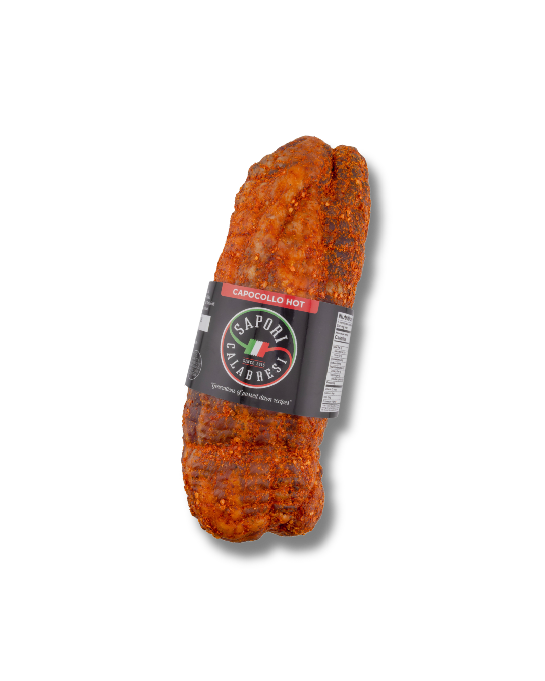 Spicy sausage from Sapori Grillers with a black label that reads 'Capocollo Hot' and the Sapori Grillers logo, set against a black background.