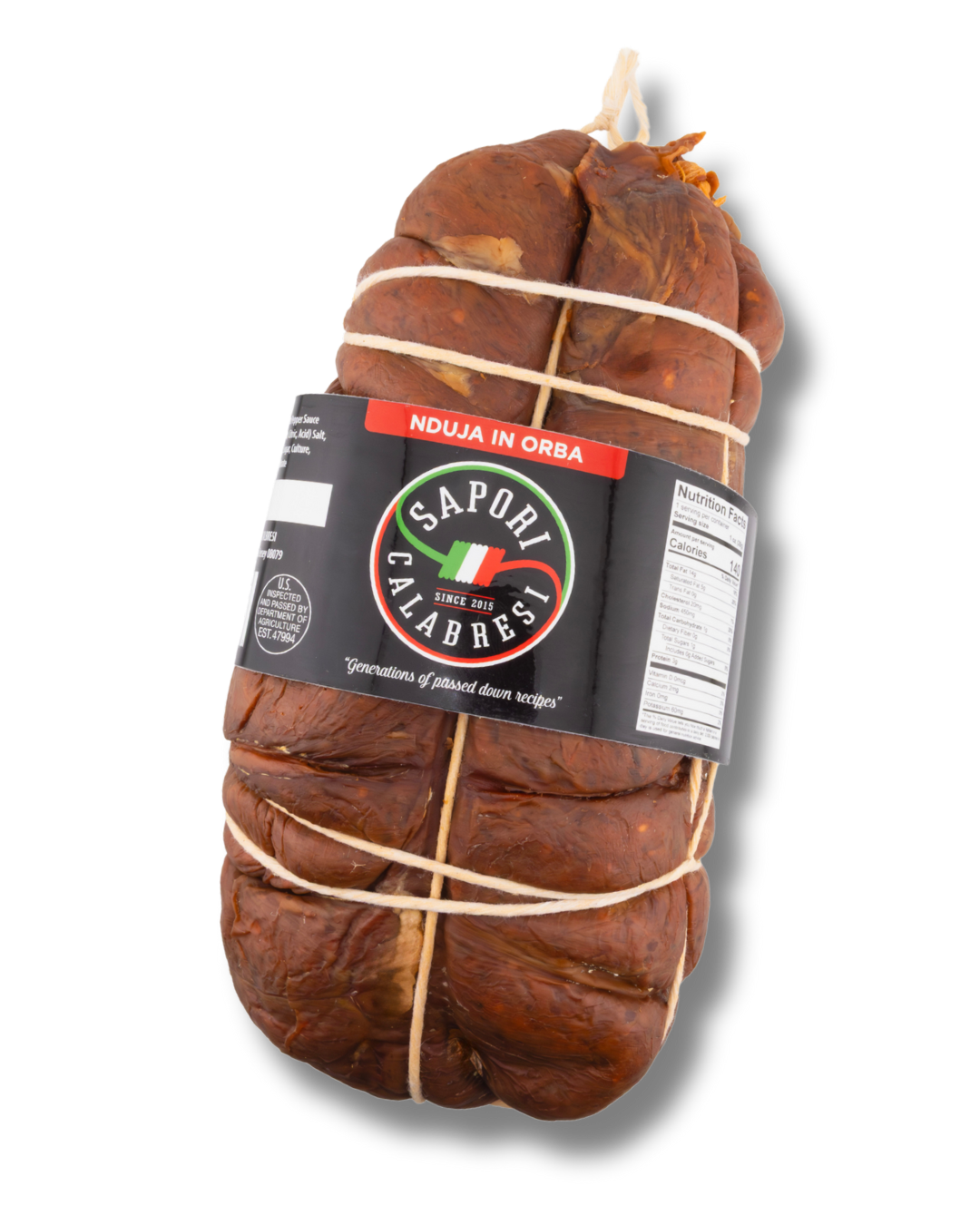 Raw cured meat tied with white string and wrapped with a black label featuring a logo and text