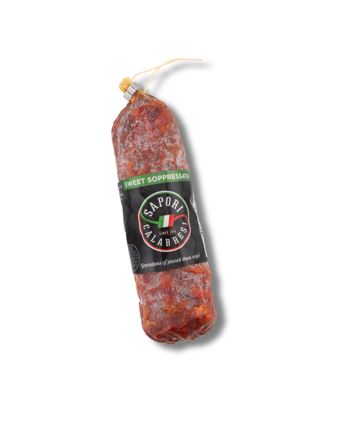 Soppresata salami with a label that reads 'Sweet Soppresata' and 'Saporiti Calabresi.'