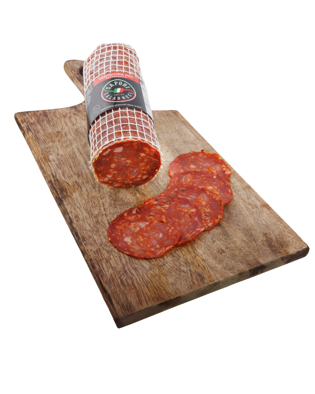 Sliced cured sausage on a wooden cutting board with a whole sausage roll resting on its side.