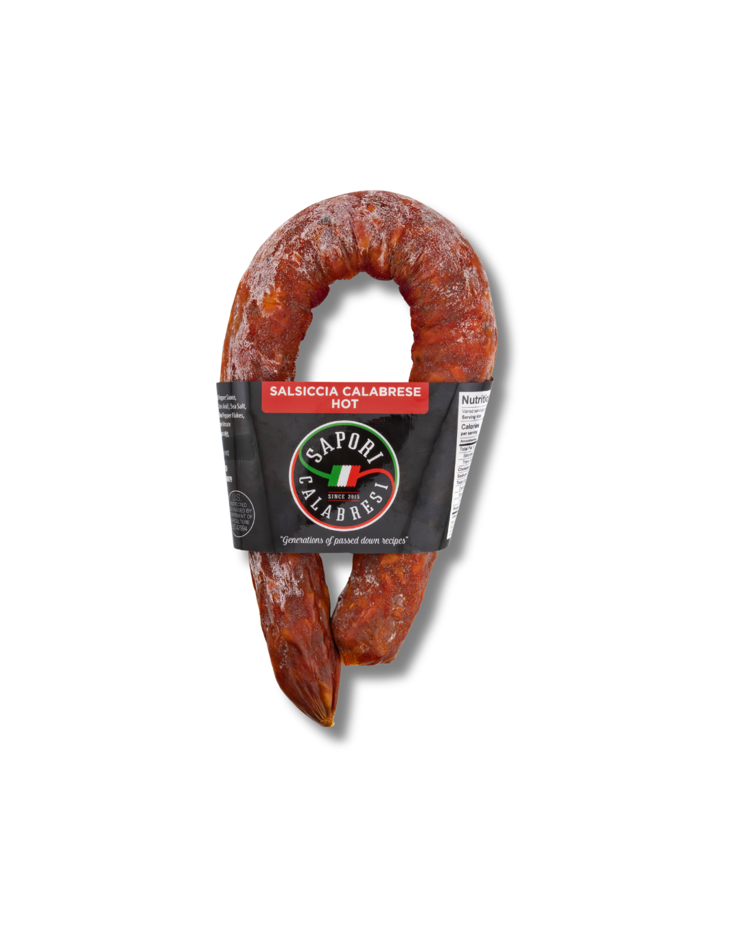 Raw Italian Calabrese hot sausage with frozen surface, labeled 'Salsiccia Calabrese Hot' from Sapori Calabresi, on a black background.