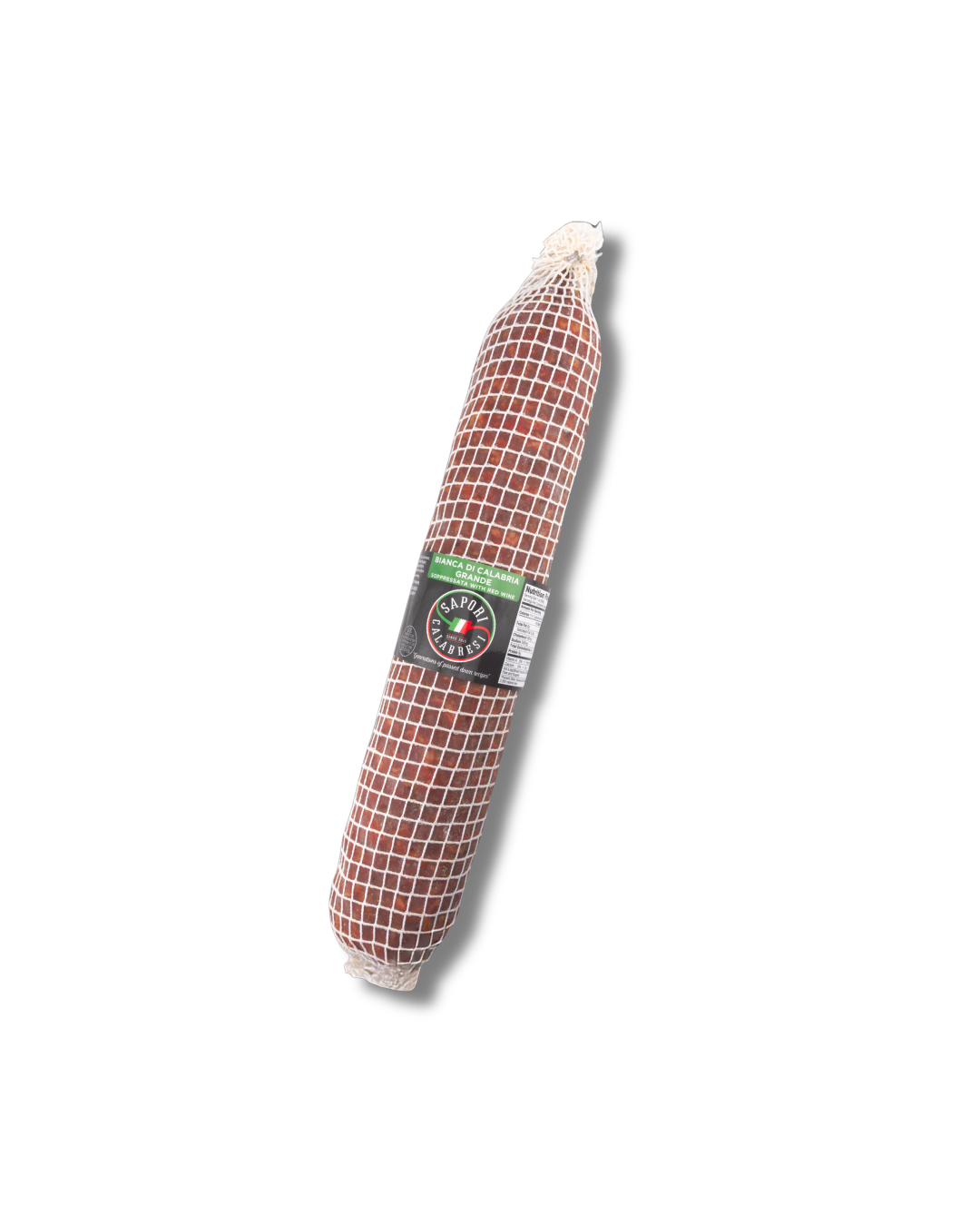 Packaged salami sausage in netting with black and green label.