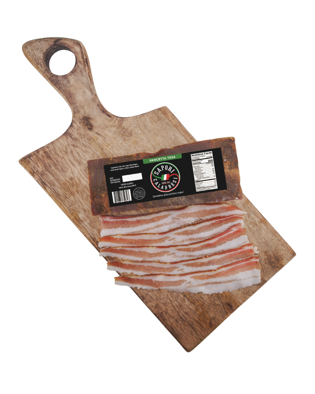 Sliced bacon on a wooden cutting board with packaged bacon on top.
