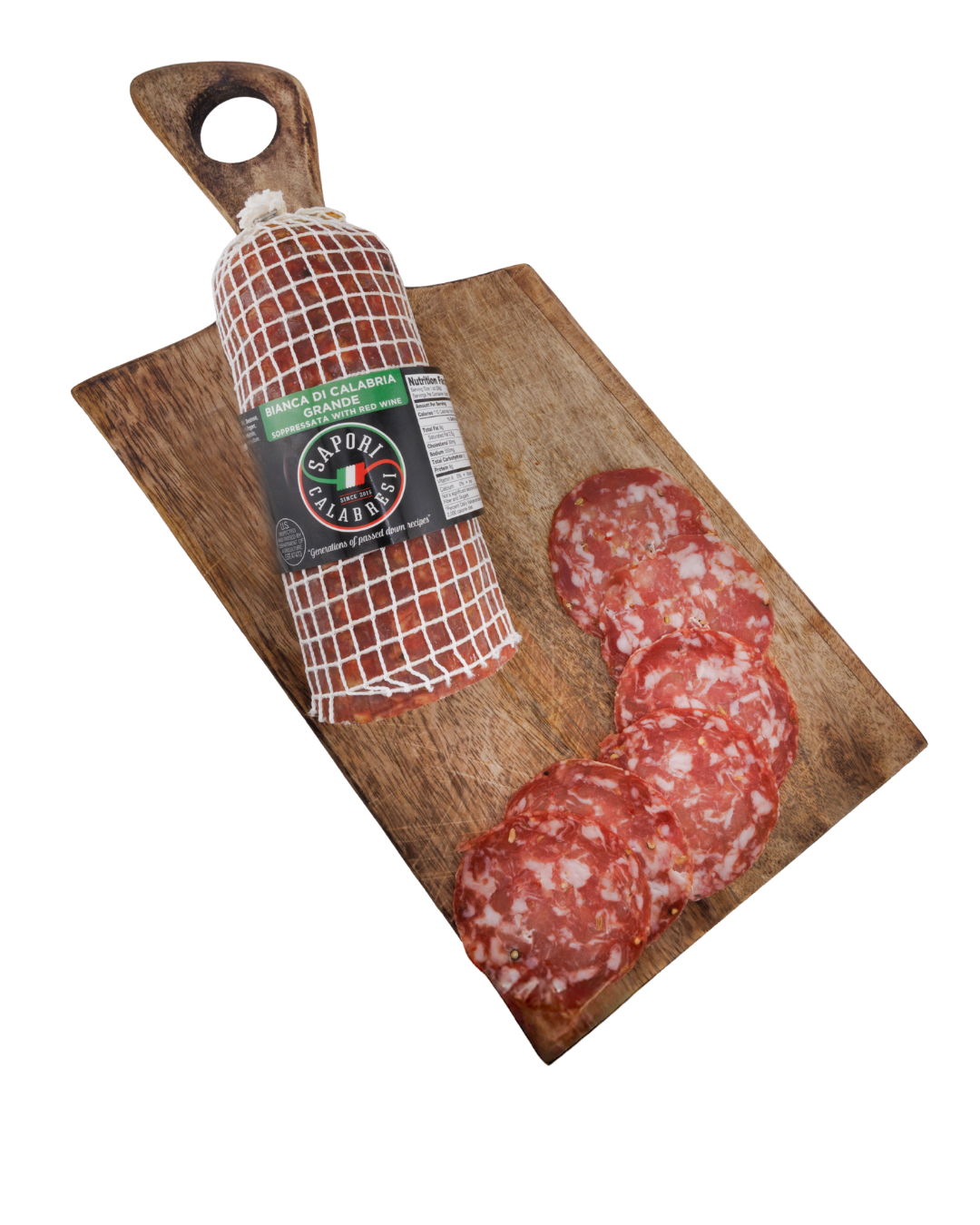 A wooden serving board with slices of salami and a rolled cured sausage.