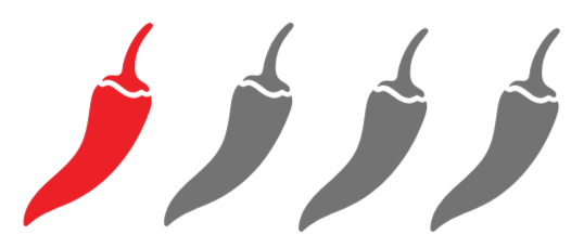 Four chili peppers in a row, with the first being red and the next three in shades of gray.