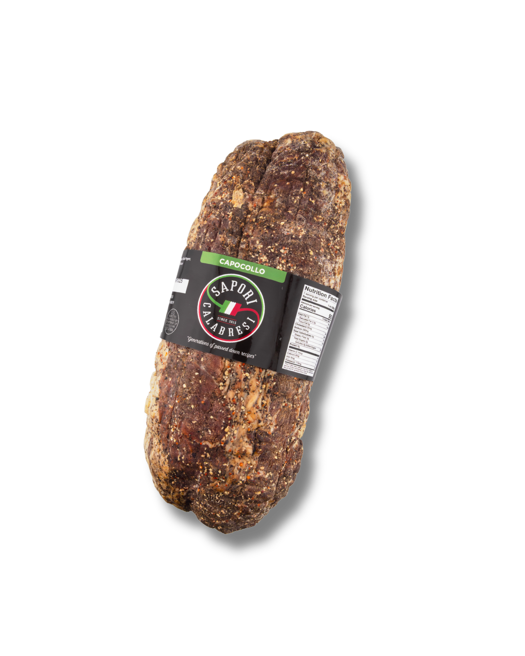 A smoked meat product called Capocollo with seasoning and a black label, placed against a black background.