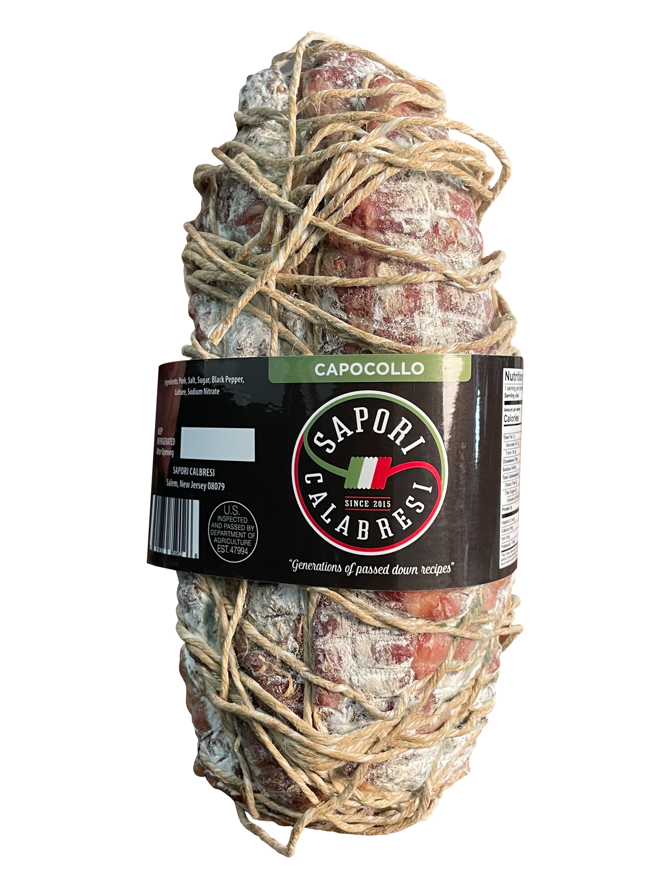 A packaged Italian cured meat, likely a capocollo, wrapped in twine and coated in white mold.
