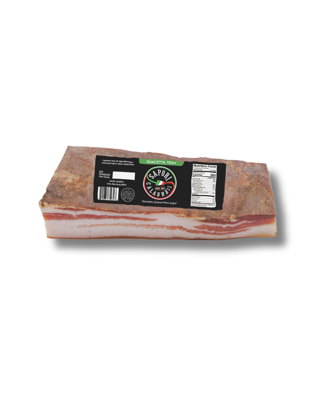 Packaged pancetta on a black background with a label indicating it is from Sapori Calabresi.