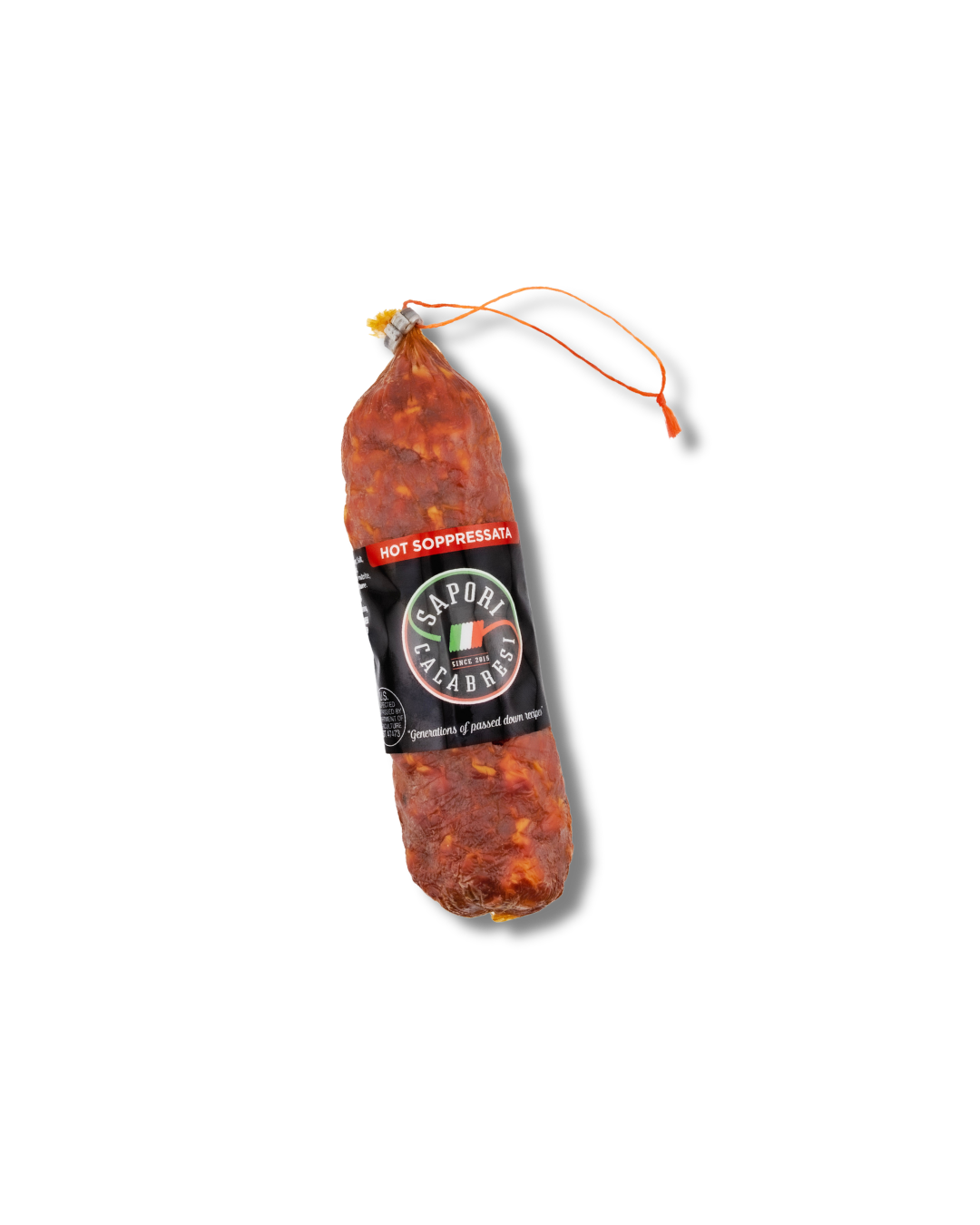 Wrapped Italian sausage with label showing 'Sapori Calabresi' and 'Hot Soppressata' on a black background.