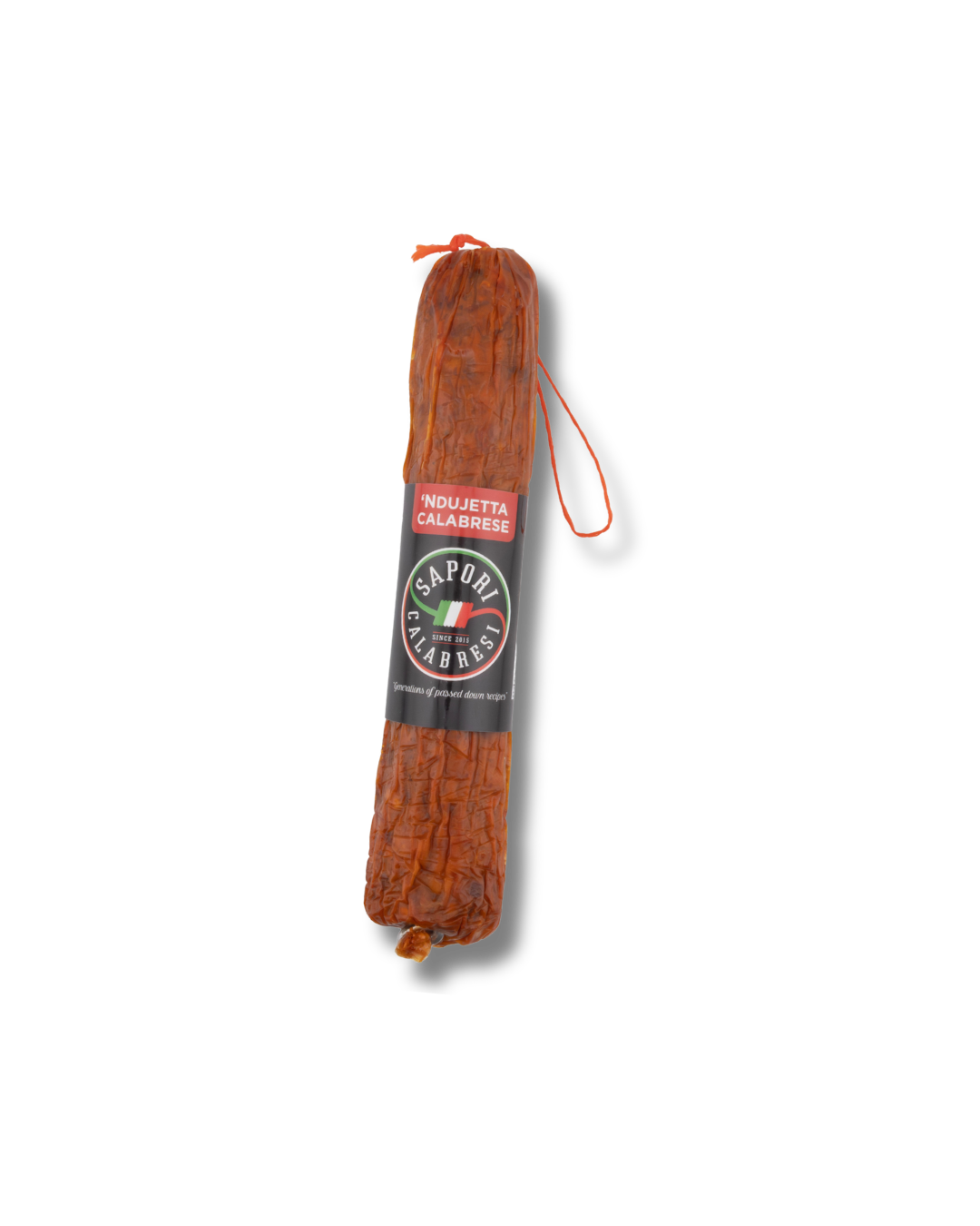 A dried Calabrese sausage with a black label that says 'Sapori Calabresi' and includes the Italian flag, tied with a red string.