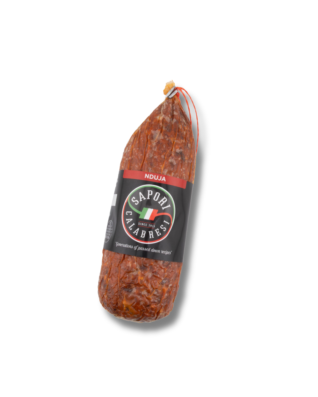 Salami sausage labeled 'Nduja' from Sapori Calabresi, hanging on a string.