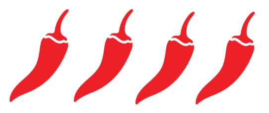 Four red chili peppers aligned horizontally.