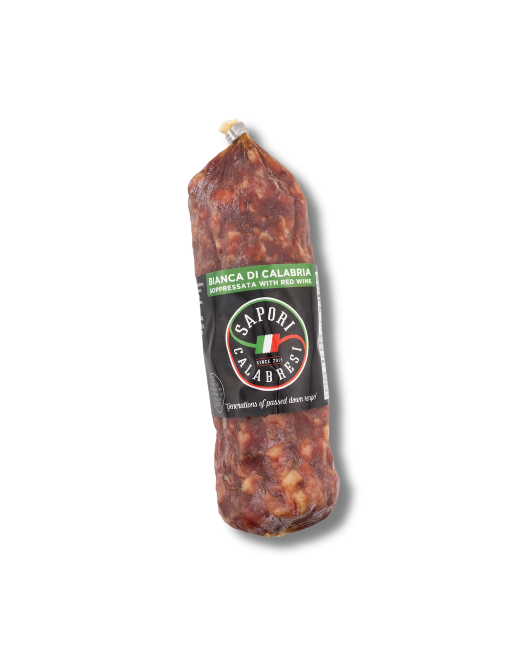 Sliced Calabria salami with red wine, wrapped in black packaging with green label.