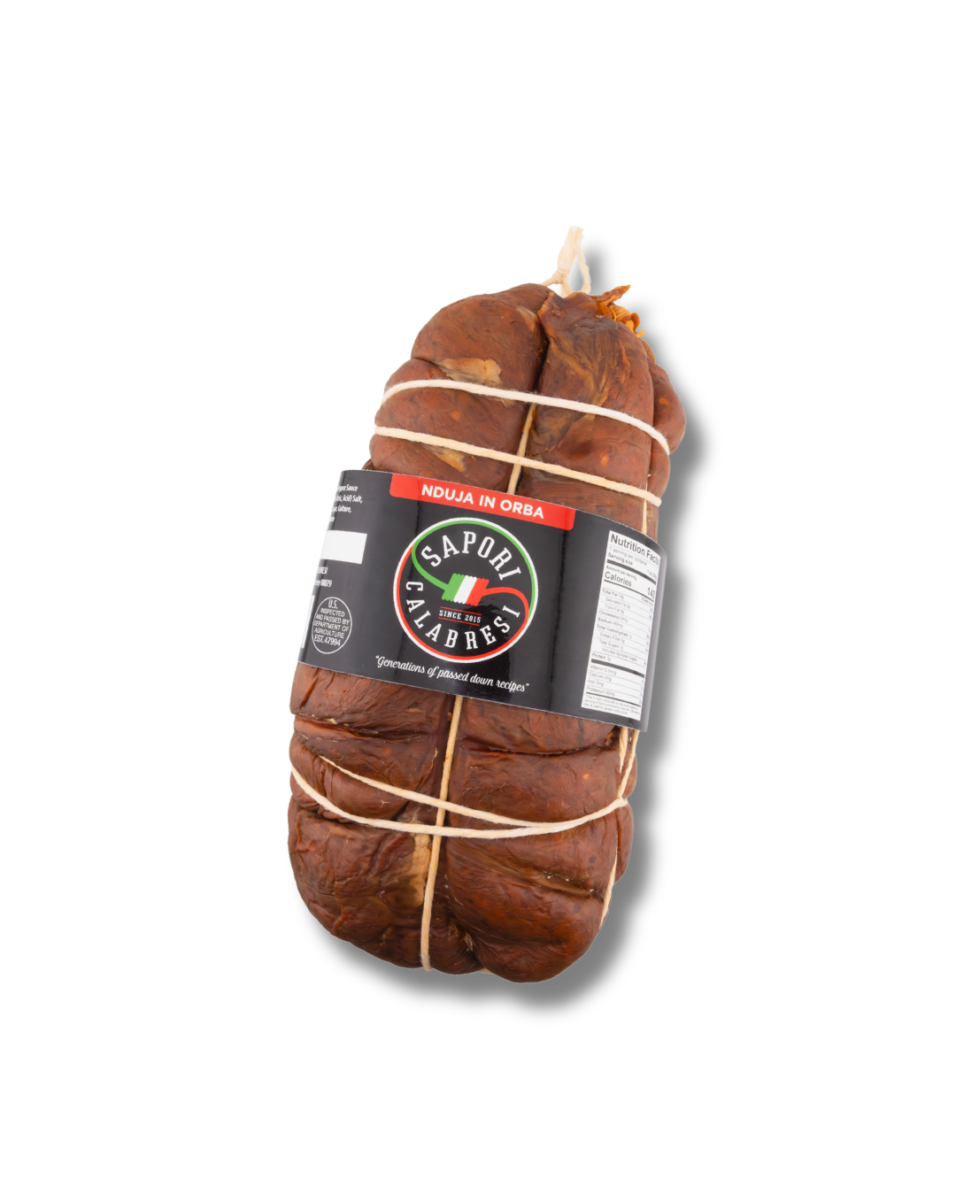 A cured sausage product called 'Nduja in Orba' from Sapori Calabresi, wrapped with string and sealed with a label, against a black background.