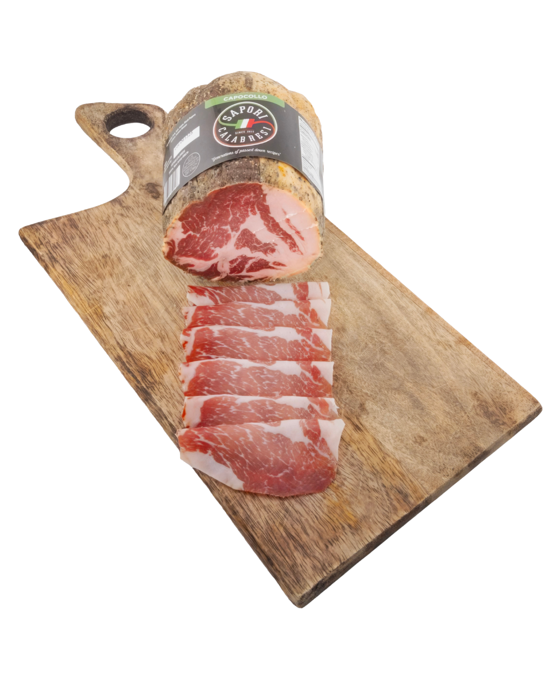 Sliced marbled red and white cured meat, with a larger whole piece on a wooden cutting board.