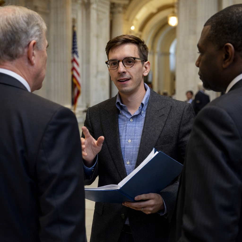 Three men engaged in conversation inside a government building, with two of them facing away and one facing forward, holding a blue folder, in front of columns and American flags.
