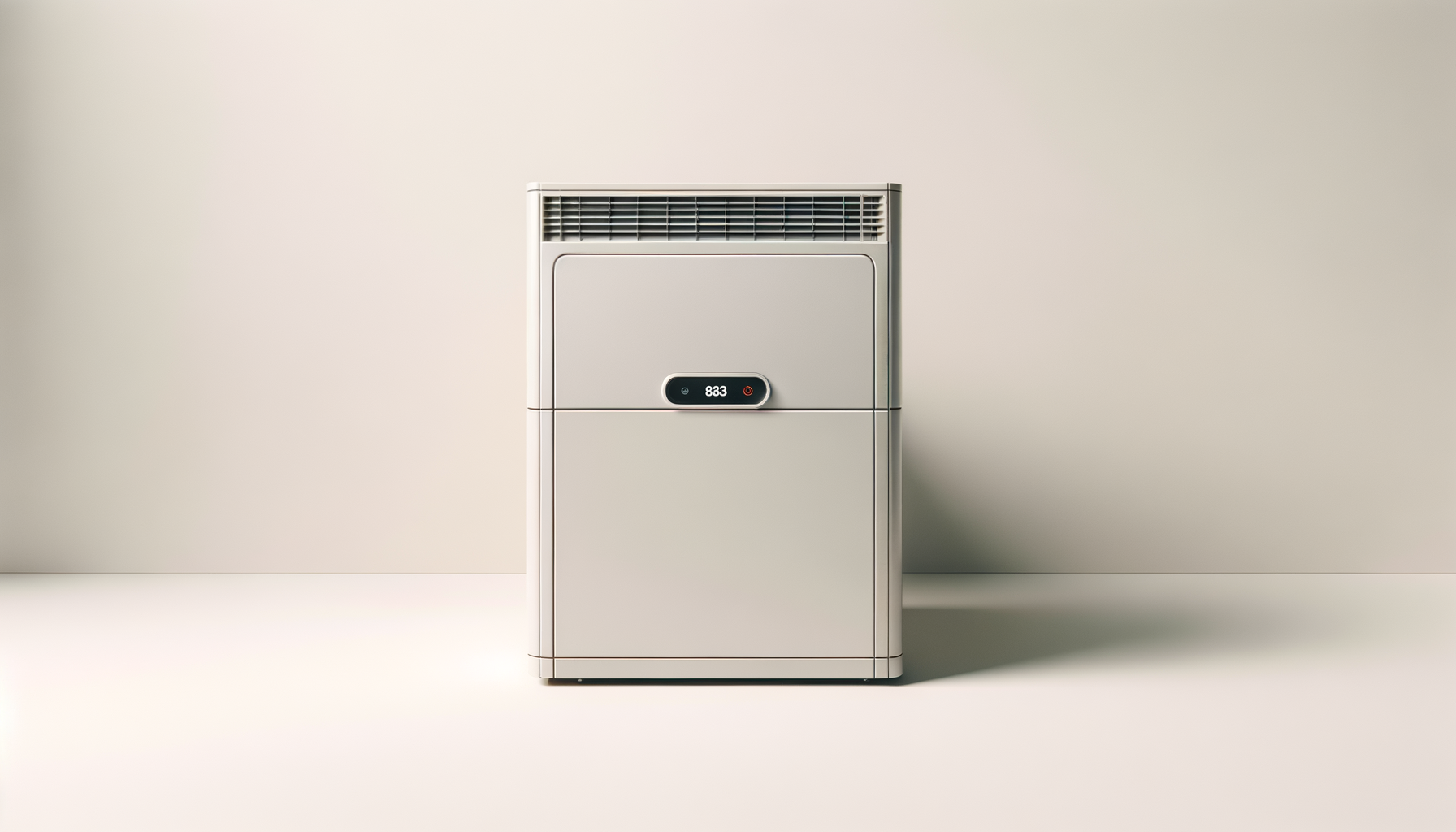 A white, portable air conditioning or cooling unit with a digital display showing the number 833, placed against a plain, light-colored wall.