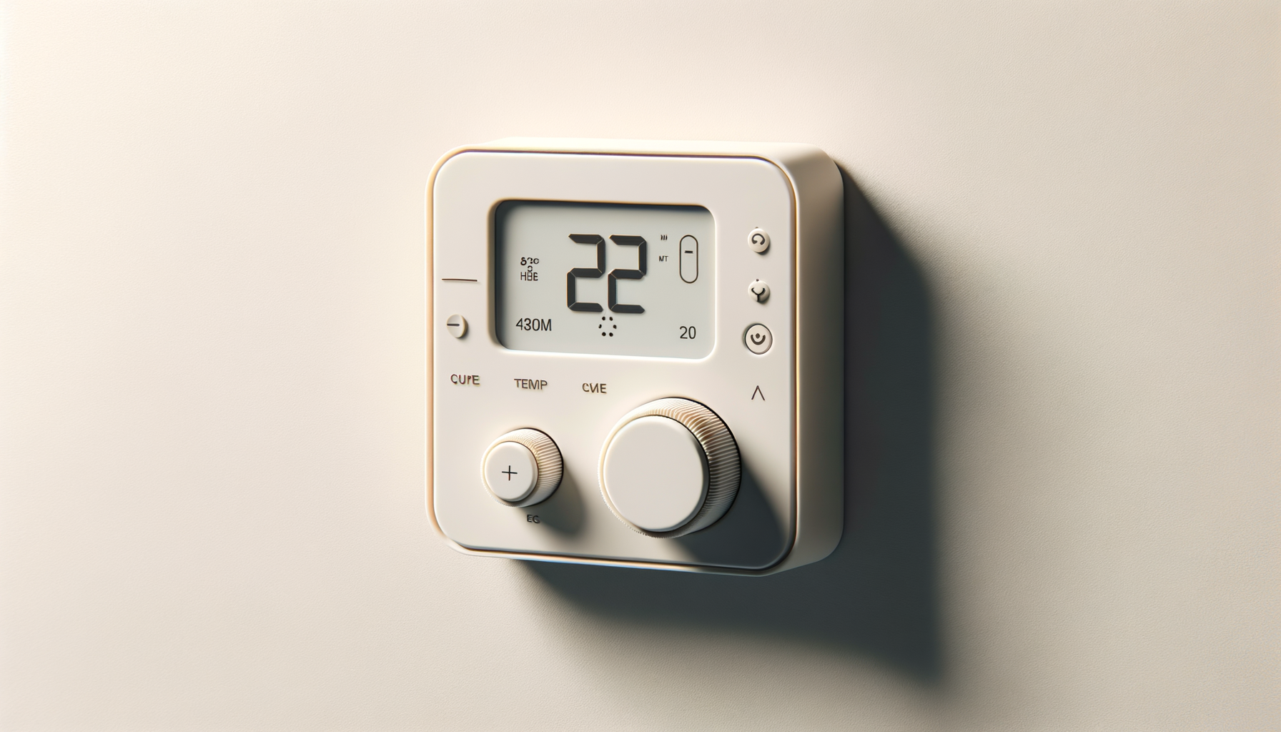 White digital thermostat mounted on a light-colored wall, displaying 22 degrees Celsius.