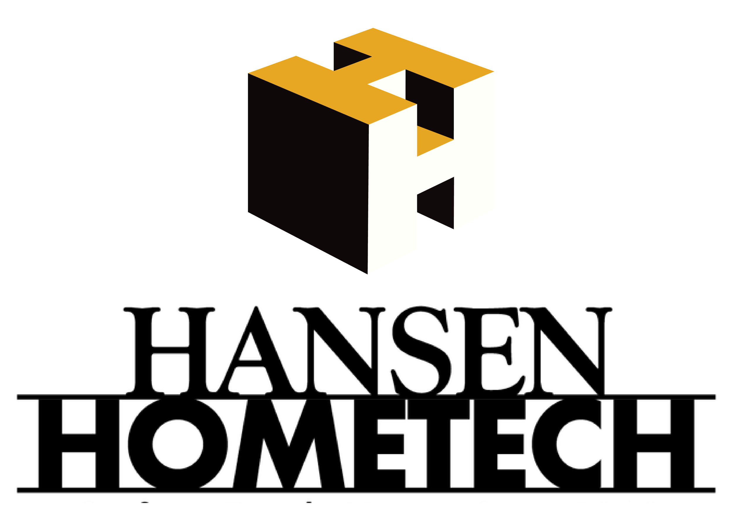 A 3D isometric illustration of a modern, minimalist house with a white and gold color scheme, accompanied by the text "Hansen Home Tech" in stylized black and white letters.