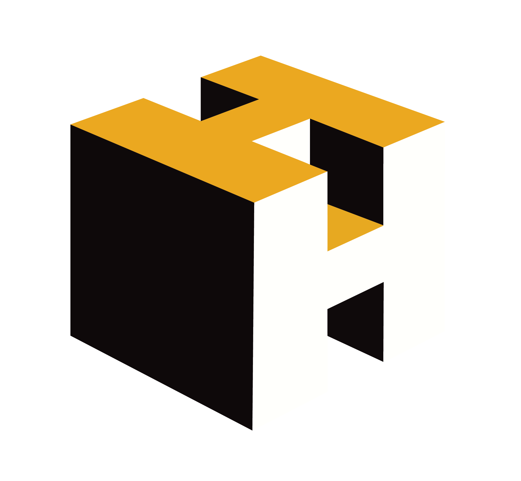 Isometric 3D abstract design with black, white, and gold geometric shapes forming a cube and the letter H on a black background.
