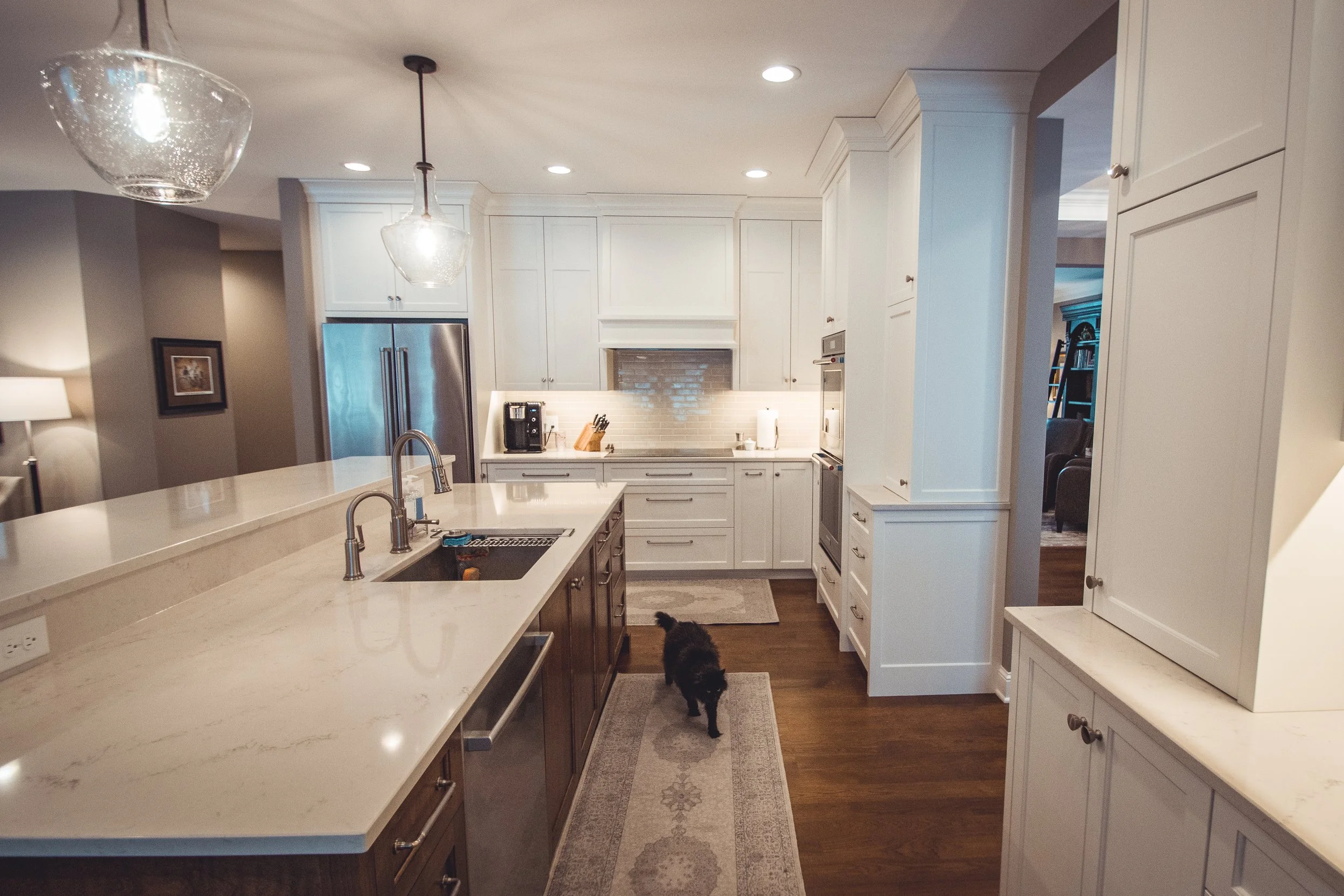 Modern kitchen in Chanhassen with white cabinets, stainless steel appliances, two pendant lights, and a black cat walking on a rug.