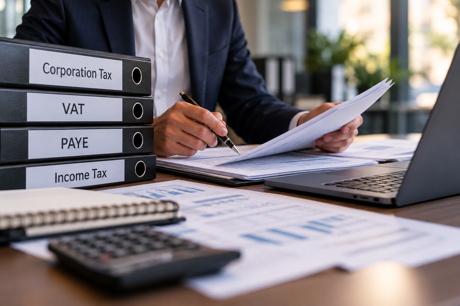 Accountant reviewing Corporation Tax, VAT, PAYE and Income Tax documents for an HMRC enquiry