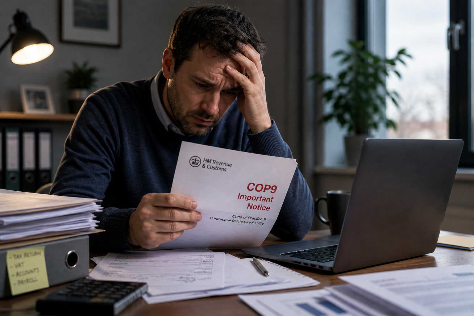Man looking worried while reading an HMRC COP9 notice.