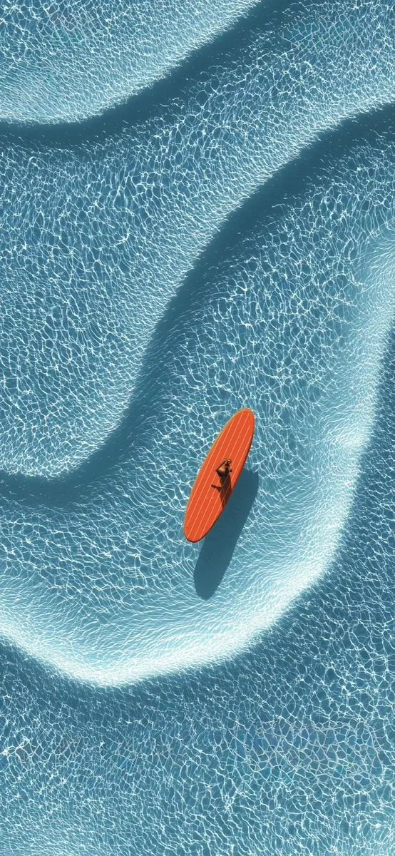 A person on an orange paddleboard in the ocean, casting a shadow on the rippling water.