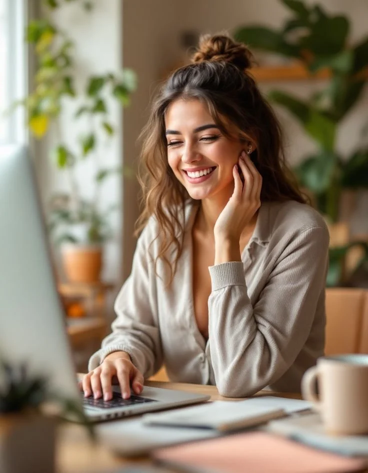 A young woman with wavy brown hair tied up in a bun, smiling and looking at her laptop, in a well-lit indoor space with plants and a cup on the table.