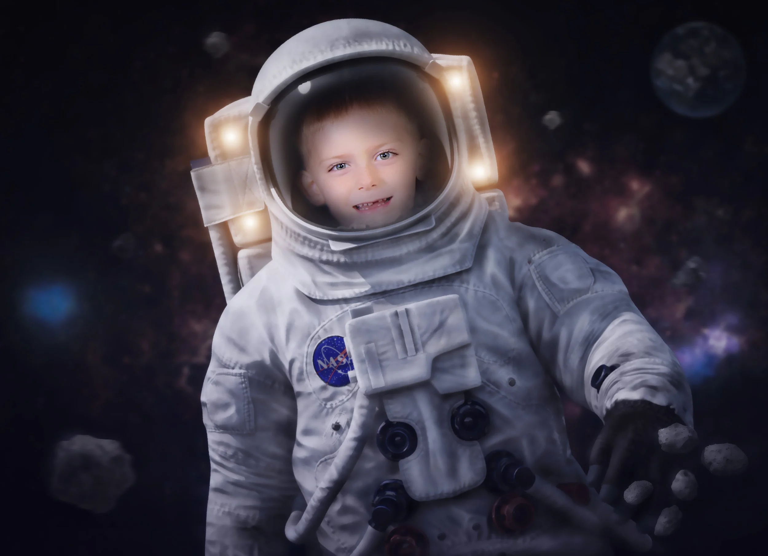 Young boy dressed as an astronaut floating in space with planets and asteroids in the background.