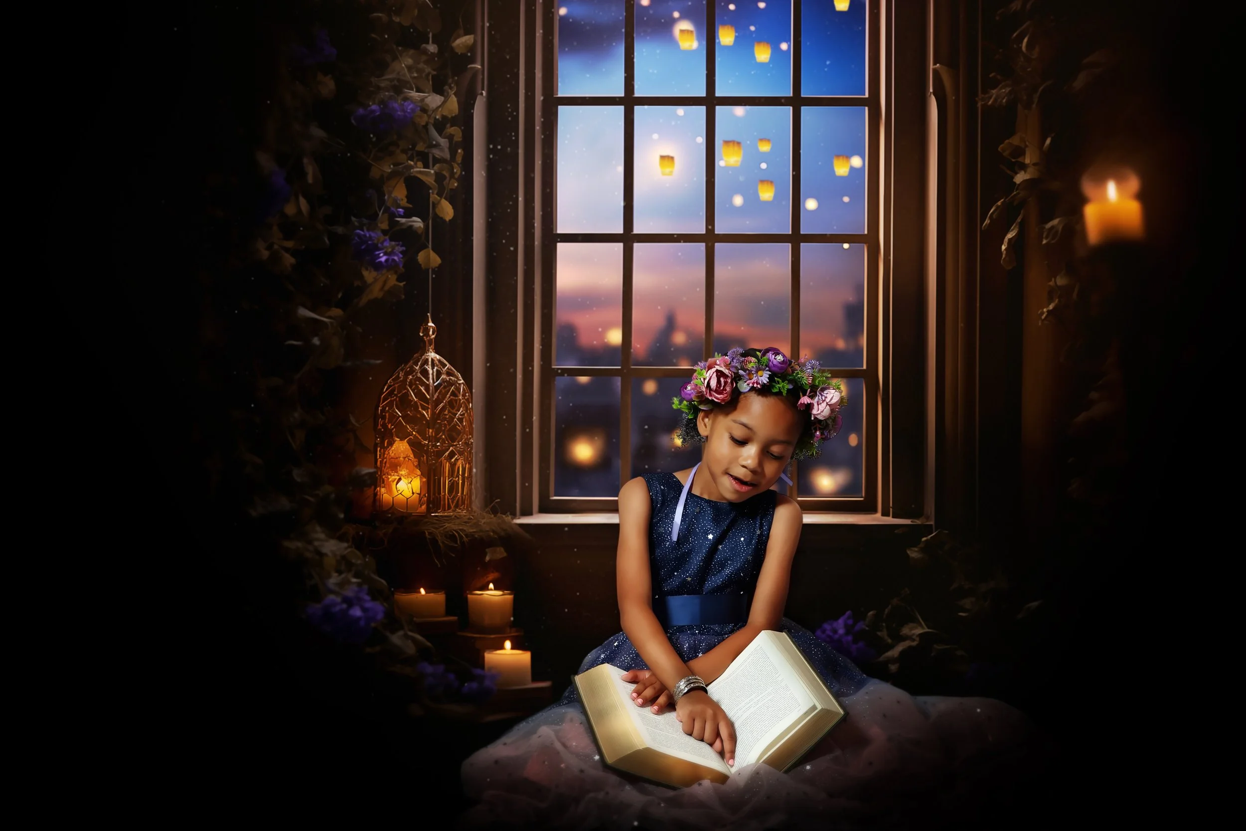 Rapunzel inspired, fairytale  portrait of little girl reading a book.