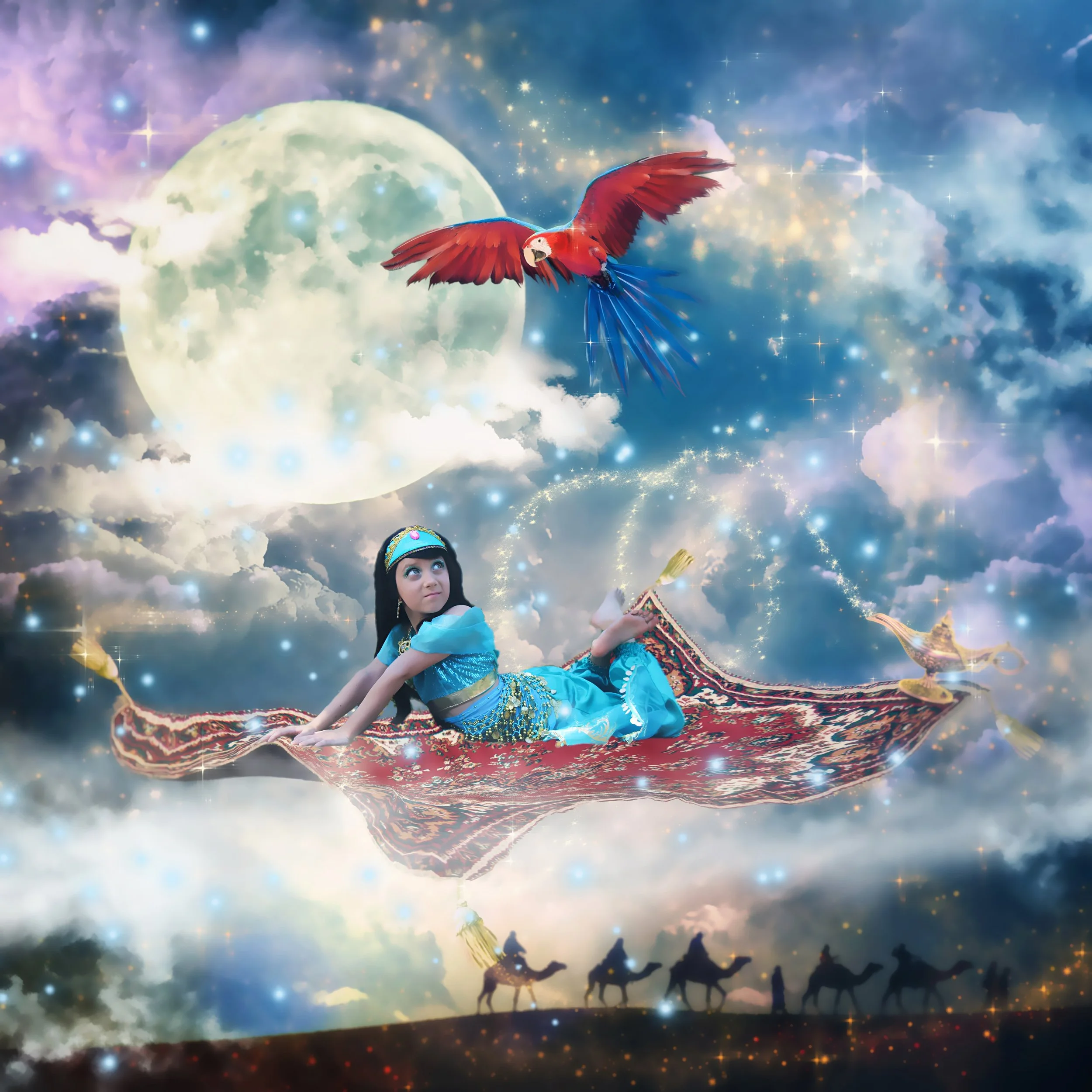A young girl in a blue costume lies on a flying carpet in a fantasy scene with clouds, a full moon, sparkling stars, and a large colorful parrot flying nearby, with camels and people in the desert below in a Alladin inspired imaginative photography
