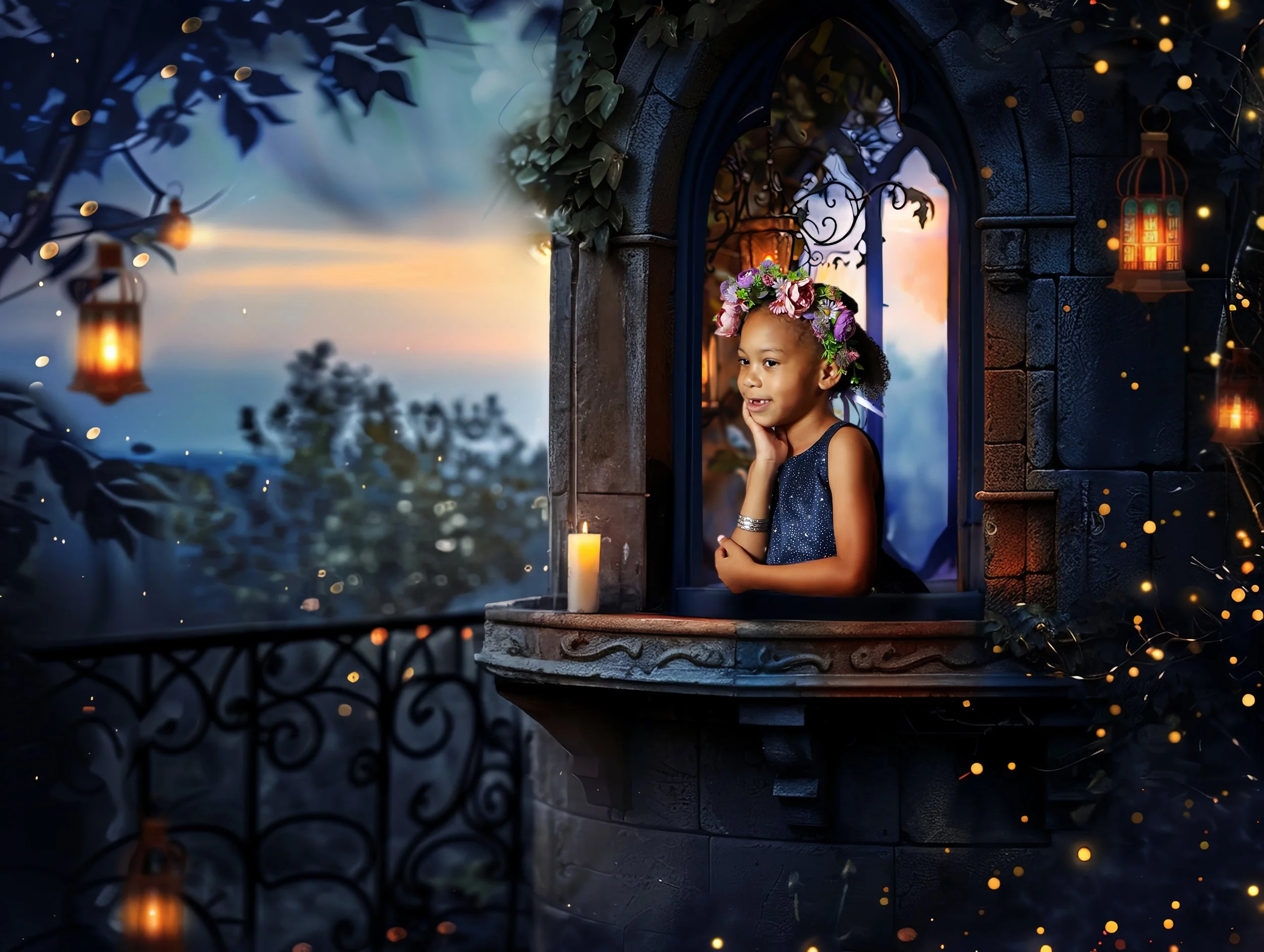 A young girl wearing a dress and a floral crown, smiling and looking out a stone window at sunset, with lanterns and fairy lights illuminating the scene in a fairytale themed photo session.