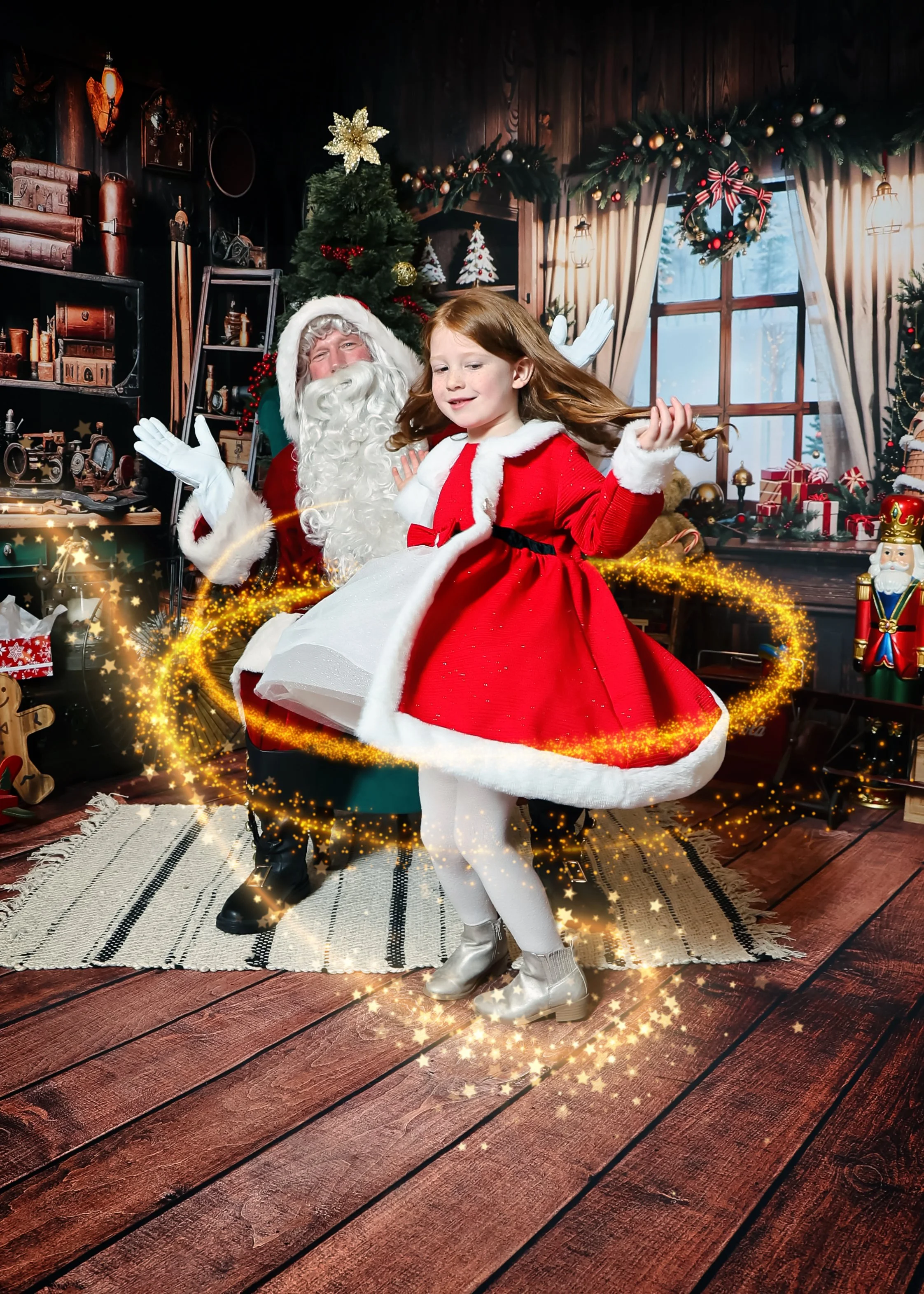 A young girl in a red dress twirls with a man dressed as Santa Claus in a festively decorated room with Christmas trees, ornaments, and presents, surrounded by a sparkling golden magical christmas moment..