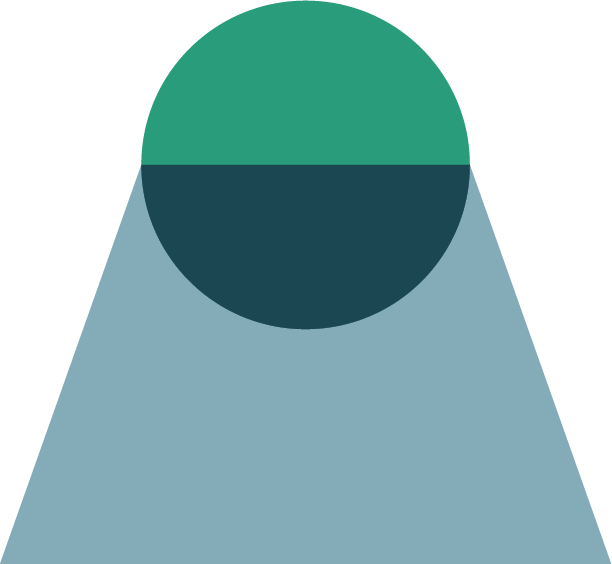 Diagram showing a green circle, a dark teal semicircle underneath, and a larger light blue triangle pointing downward with a dark blue triangle inside the circle.