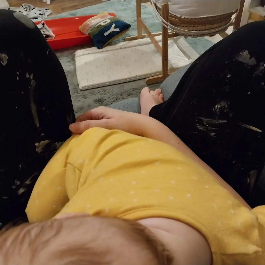 The epitome of juggling two different worlds today.

Health visitor appointment this morning (baby is thriving, yay!) and caf&eacute; DIY into the evening before the chaos of bedtime routines begins.

Paint splattered, tired, but feeling all the love