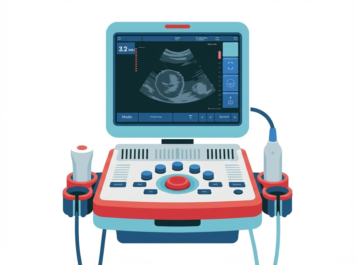 Illustration of a modern ultrasound machine with a monitor displaying a fetus in the womb, two transducer probes attached on either side, and control buttons in the center.