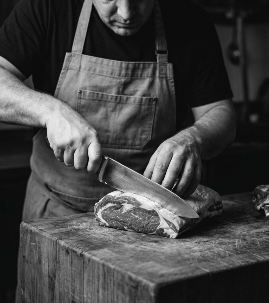 A person wearing an apron is slicing a piece of raw meat on a wooden cutting board.