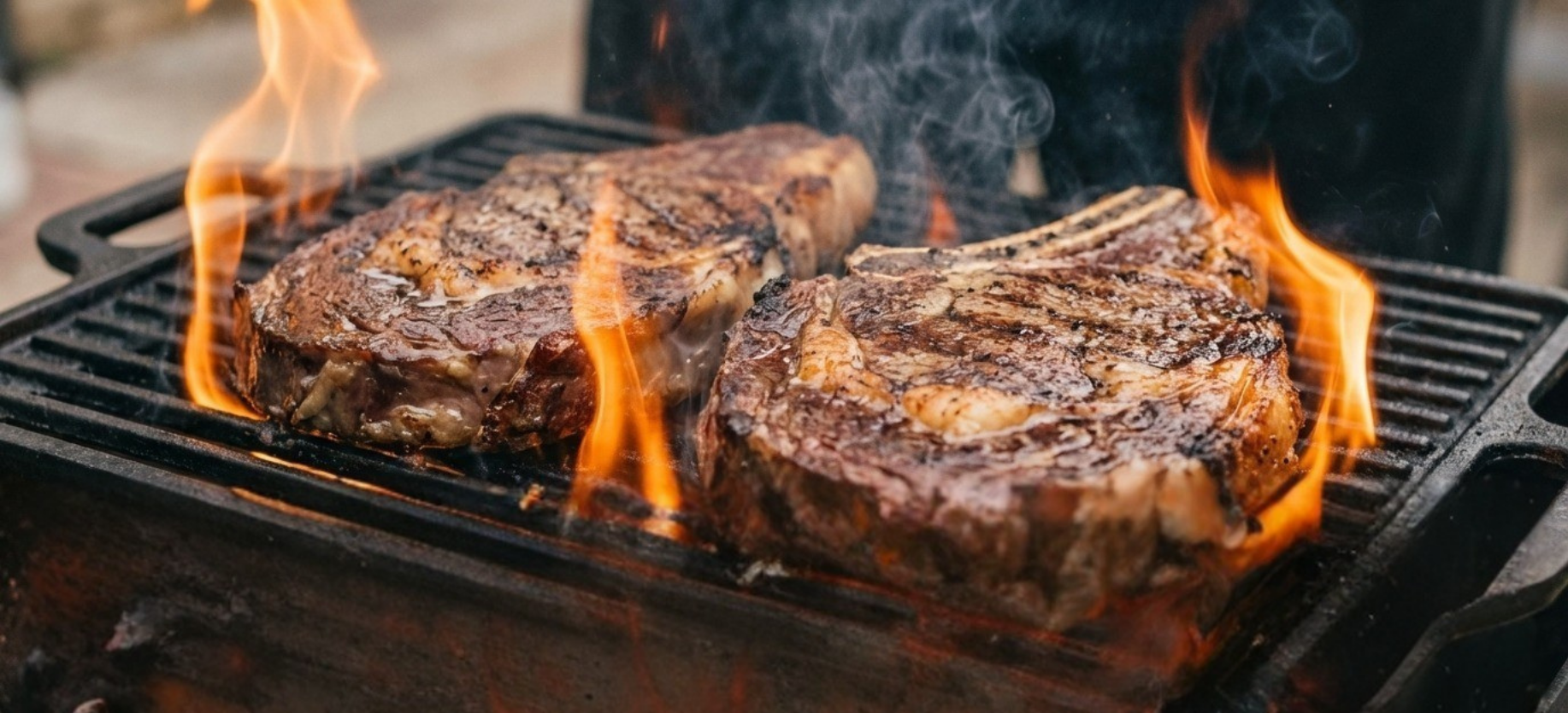 Two large steaks being grilled on a barbecue, with flames and smoke around them.