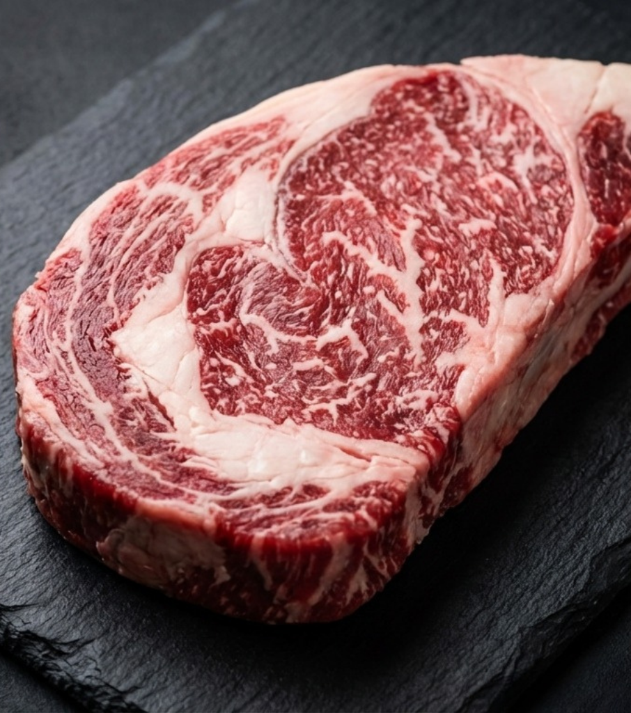 A thick slice of marbled raw beef steak with intricate white fat marbling on a black surface.