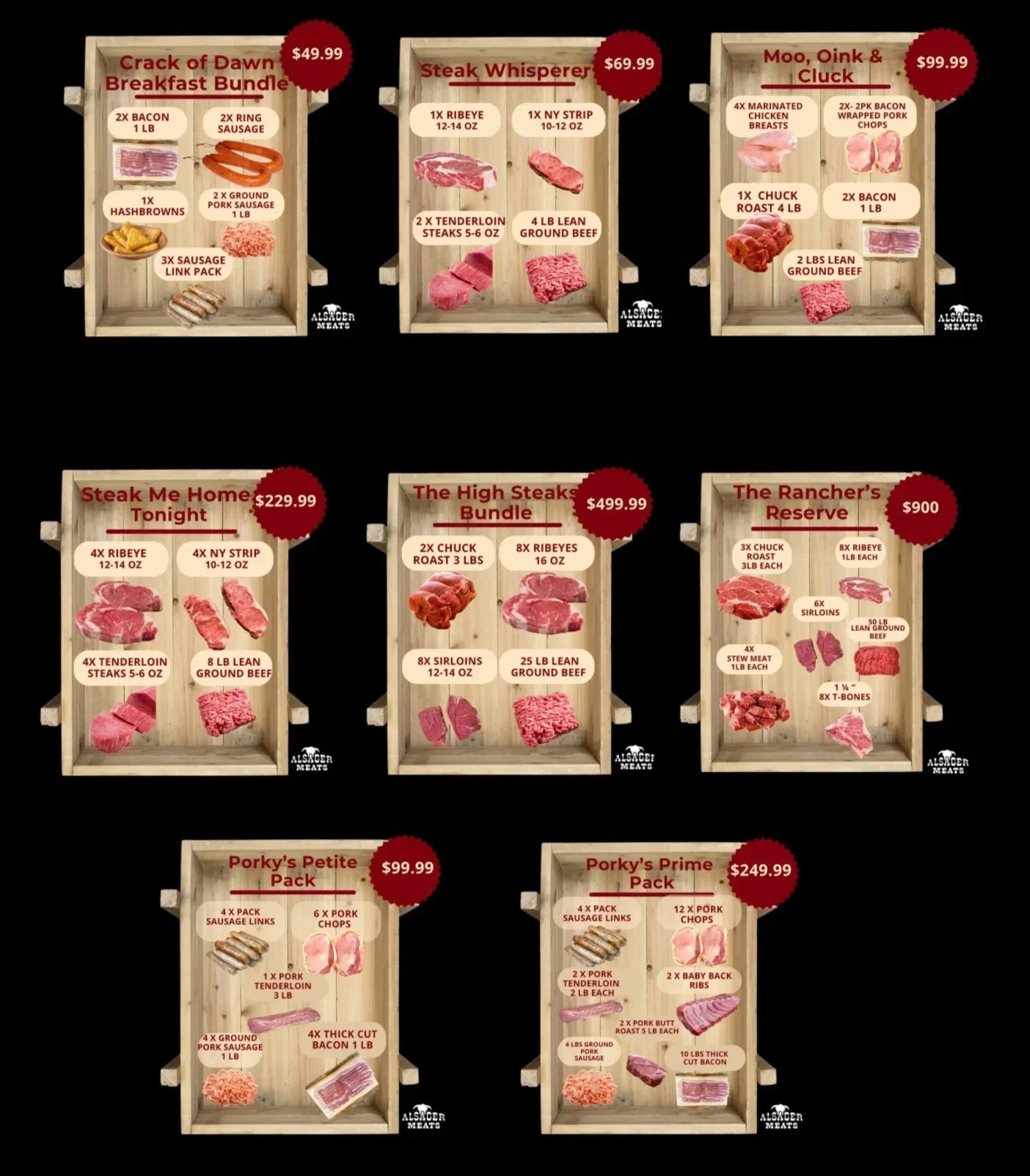 Collection of meat bundles and packs with descriptions and prices, including breakfast bundle, steak whisperer, moo oink and cluck, steak me home tonight, high steaks bundle, rancher's reserve, porky's petite pack, and porky's prime pack.