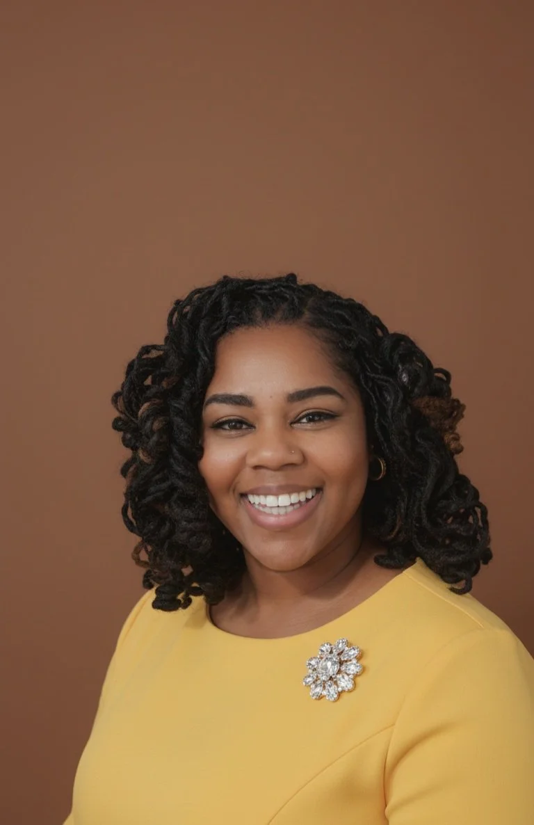 Portrait of a smiling woman with curly black hair, wearing a yellow dress with a decorative brooch, standing against a brown background.