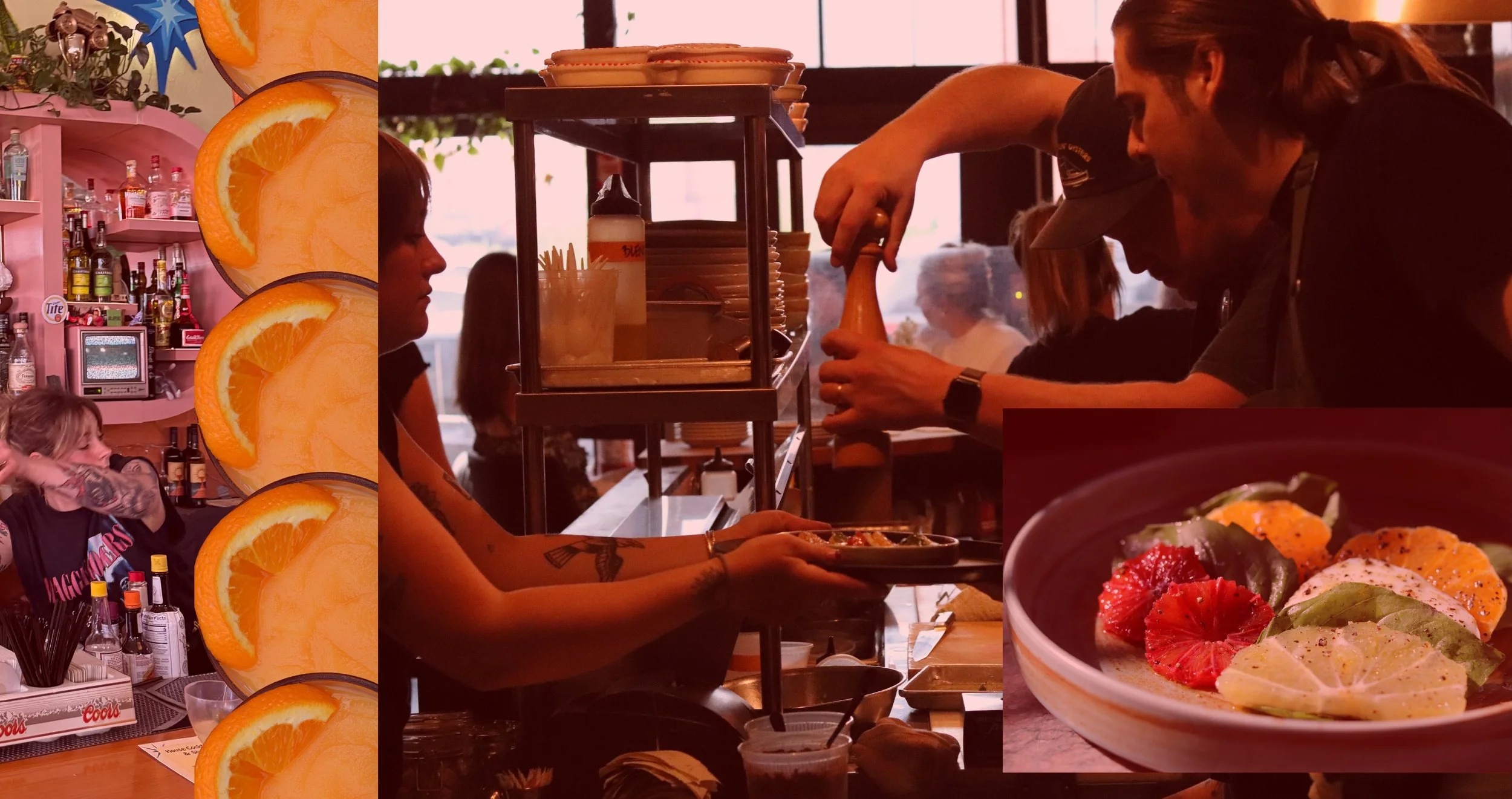 A scene from inside a restaurant with a woman ordering food from a server, a bowl of food with sliced fruits, and a background of a pink bar area with liquor bottles.