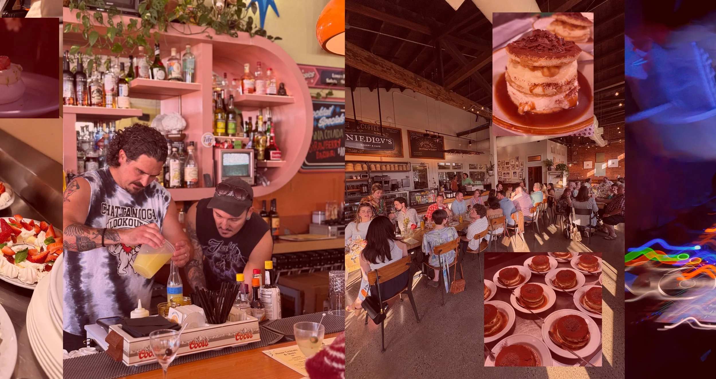 A lively restaurant scene with people dining and socializing, a bar area with drinks and bartenders, and various desserts like layered cakes and pastries displayed. The restaurant has a rustic style with wooden beams and artwork on the walls.