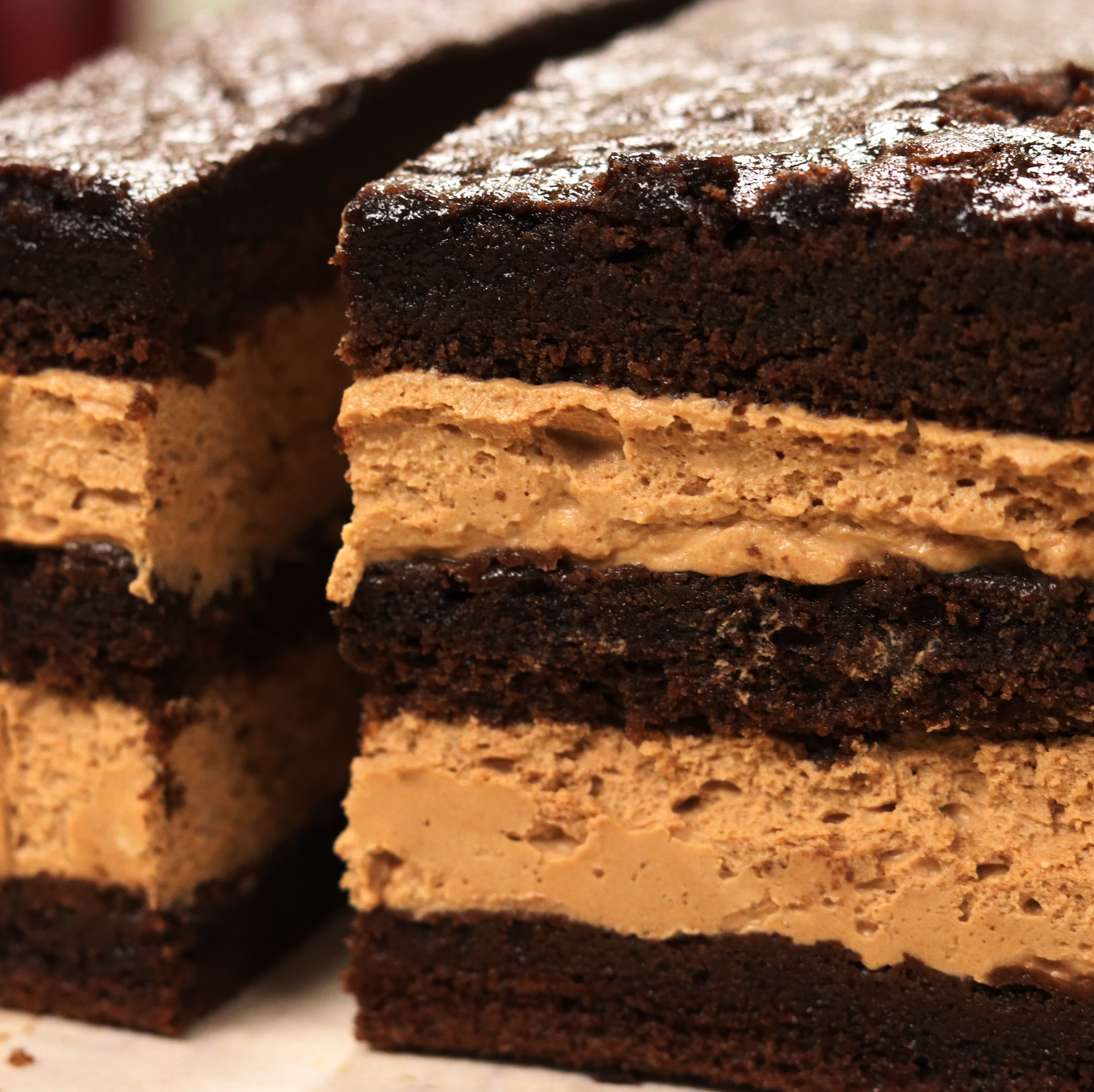 Close-up of layered dessert with layered chocolate cake and filling.
